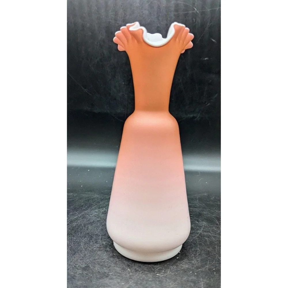 Victorian Peach Satin Glass Ewer / Pitcher Crimped Top & Applied Thorn Handle 8.